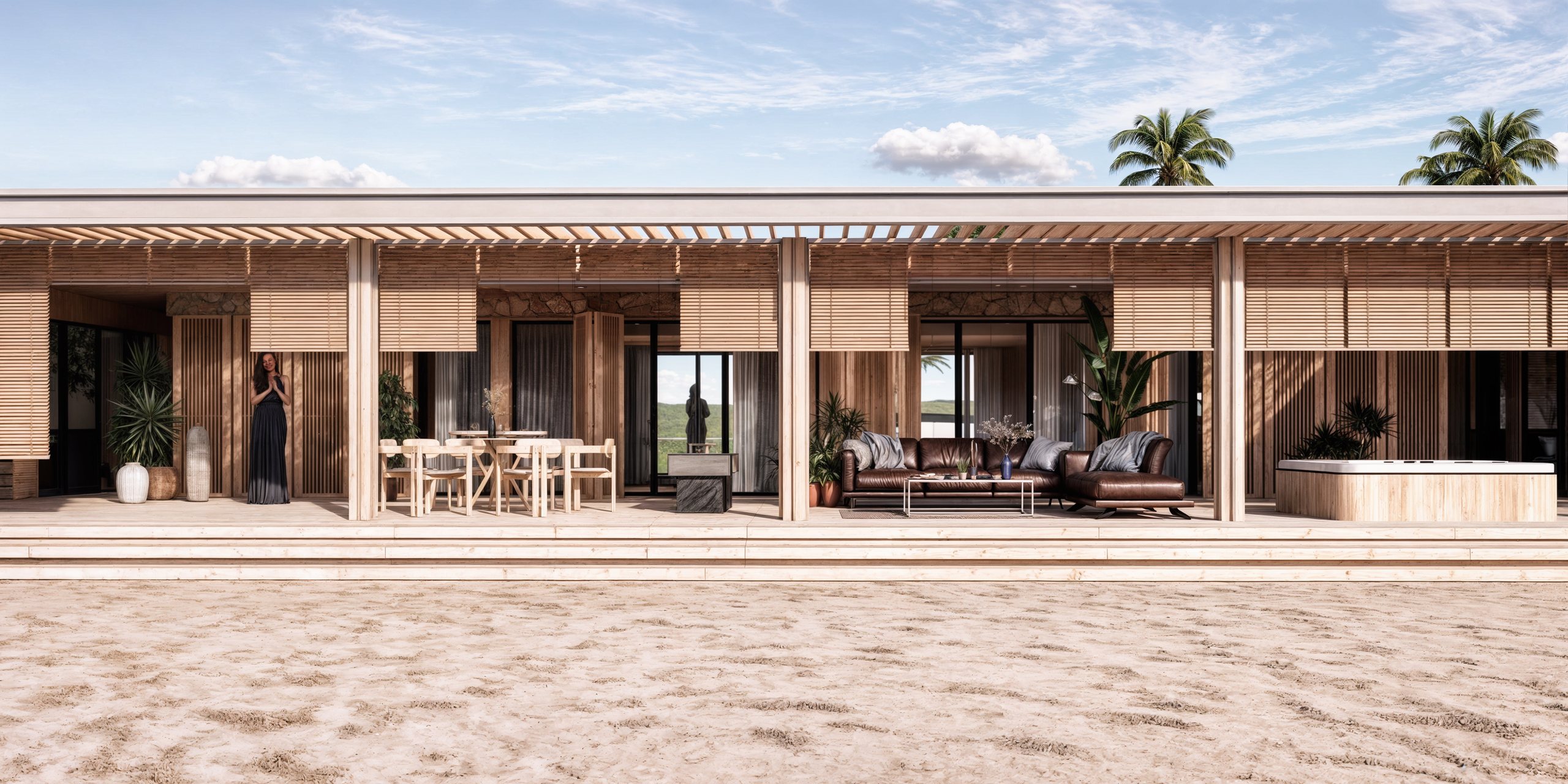 The sea facade: two bedroom modules and the shared living module under one roof